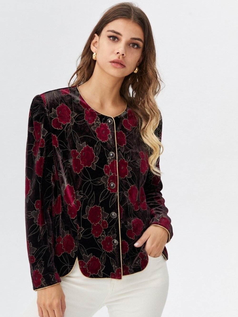 R&K Originals Red/Brown Floral Velvet Gold Trim Vintage Blazer Jacket